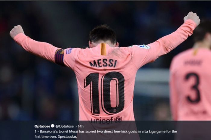 Lionel Messi saat mencetak gol untuk Barcelona saat menghadapi Espanyol pada laga lanjutan Liga Spanyol, Sabtu (8/12/2018).