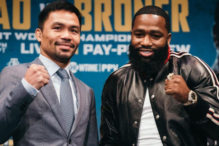 Manny Pacquiao dan Adrien Broner menampilkan tingkah lucu saat menjalani sesi konferensi pers.