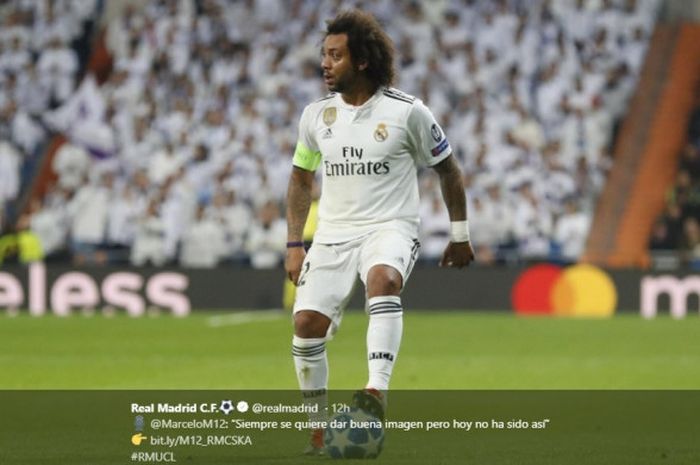 Bek sayap Real Madrid, Marcelo Vieira, mengontrol bola dalam laga Liga Champions melawan CSKA Moskva, Rabu (12/12/2018) di Stadion Santiago Bernabeu.