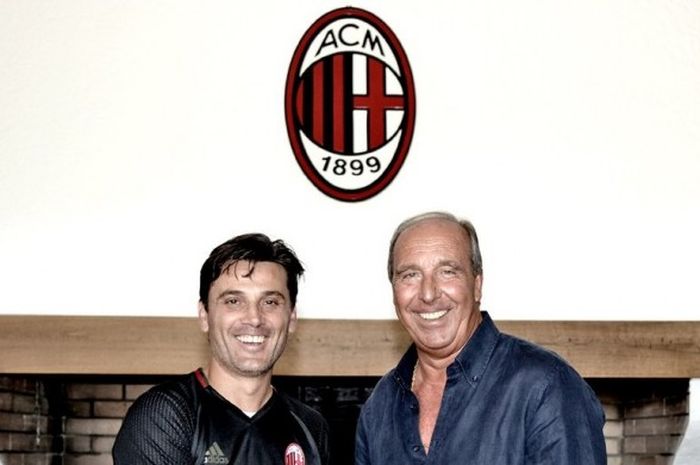 Pelatih tim nasional Italia, Giampiero Ventura, berfoto dengan arsitek AC Milan, Vincenzo Montella, di Milanello, Rabu (17/8/2016).