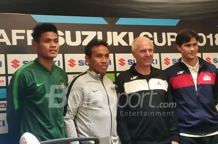 Dari kiri ke kanan; pemain timnas Indonesia, Fachruddin Aryanto, pelatih timnas Indonesia, Bima Sakt