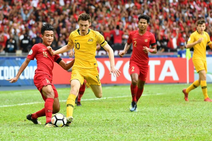 Timnas U-16 Indonesia berhadapan dengan Australia pada perempat final Piala Asia U-16 2018 di Stadion Bukit Jalil, 1 Oktober 2018. 