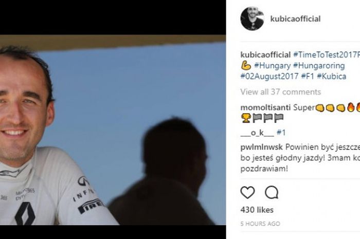 Unggahan Robert Kubica di akun Instagram pada (24/7/2017), tentang test yang akan dijalani bersama tim F1 Renault.