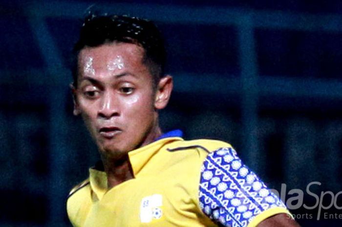 Ekspresi Yongki Ariwibowo (Barito Putera) dalam pertandingan Liga 1.