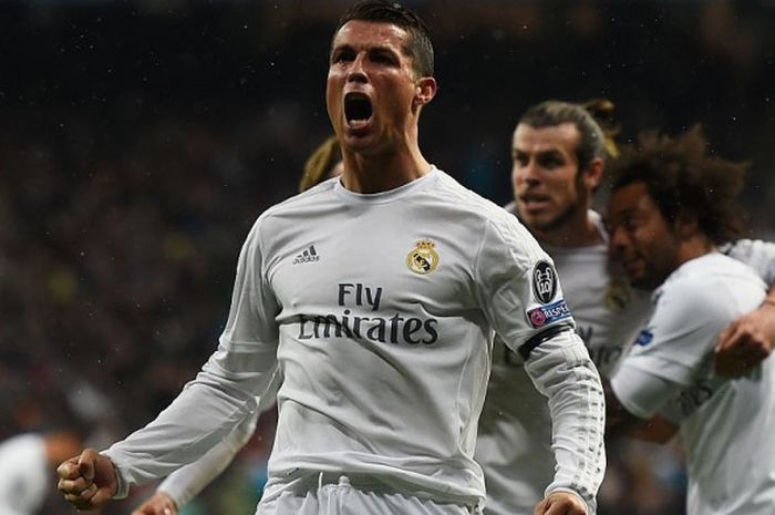 Selebrasi Cristiano Ronaldo usai mencetak gol ke gawang Getafe, Sabtu, 16 April 2016.