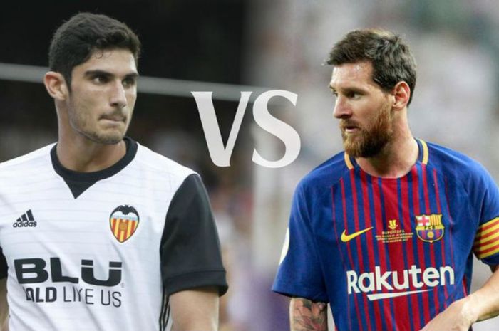 Ilustrasi Goncalo Guedes versus Lionel Messi.