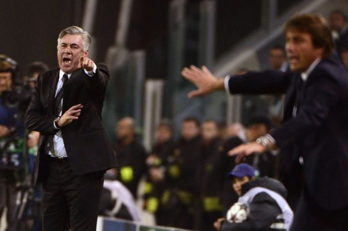 Ekspresi pelatih Real Madrid, Carlo Ancelotti, dan pelatih Juventus, Antonio Conte, dalam laga Grup B Liga Champions di Juventus Stadium, Turin, Italia pada 5 November 2013.