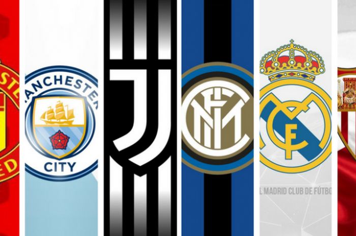Logo (dari kiri) Manchester United, Manchester CIty, Juventus, Inter Milan, Real Madrid, dan Sevilla.