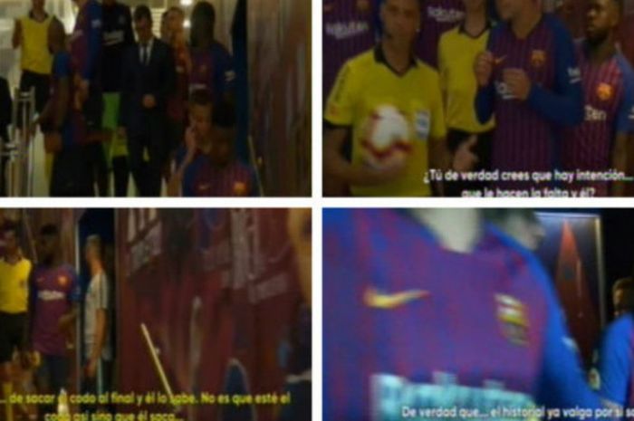 Momen saat bek Barcelona, Gerard Pique, protes kepada wasit Jesus Gil Manzano di lorong dalam pertandingan Liga Spanyol kontra Girona di Camp Nou, Minggu (23/9/2018)
