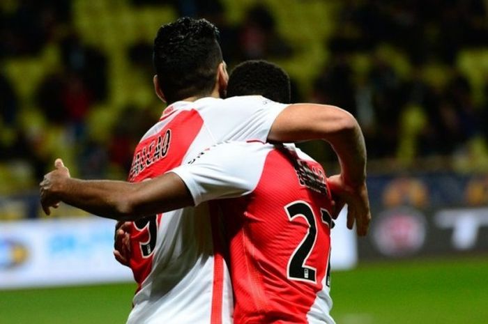 Radamel Falcao merayakan gol AS Monaco ke gawang Nancy pada semifinal Coupe de la Ligue di Stade Louis II, Rabu (25/1/2017). 