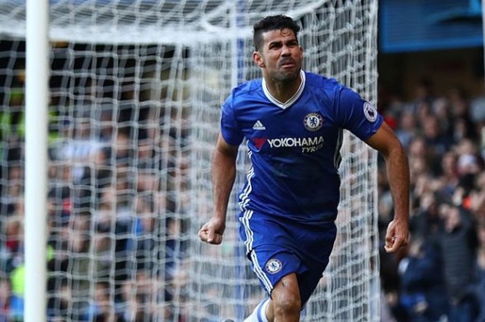 Selebrasi Diego Costa saat mencetak gol dalam laga Premier League antara Chelsea kontra West Bromwich di Stamford Bridge, London, Inggris, 11 Desember 2016. 