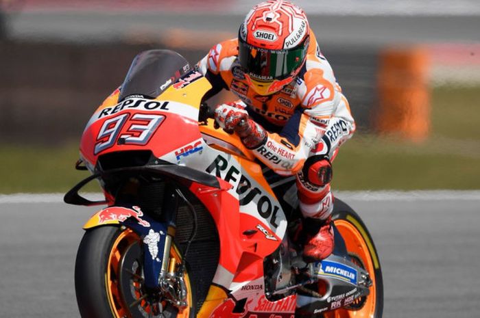 Marc Marquez (Repsol Honda) saat tampil dalam sesi latihan bebas MotoGP Belanda 2018 yang digelar Jumat (29/6/2018).