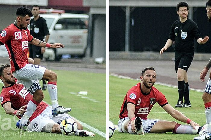 Dua bintang Bali United,  Ilija Spasojevic (9) dan Stefano Lilipaly (87) berduel menghentikan laju bola saat Bali United kontra Thanh Hoa FC di AFC Cup 2018,  Rabu (7/3/2018) di Stadion Kapten I Wayan Dipta,  Gianyar (Foto kiri). Ilija Spasojevic dalam posisi terjatuh baru menyadari jika dirinya barusan berjibaku dengan rekannya sendiri,  Stefano Lilipaly (Foto kanan).