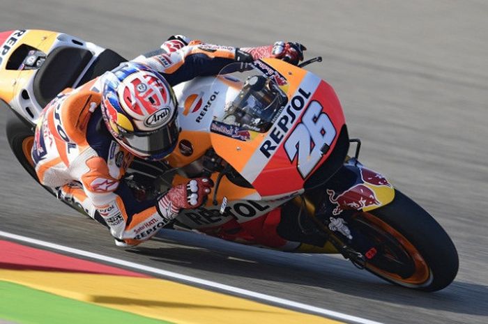 Pebalap Repsol Honda Team, Dani Pedrosa, menjalani sesi latihan bebas ketiga (FP3) GP Aragon di MotorLand Aragon, Sabtu (23/9/2017).