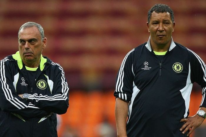 Henk ten Cate (kanan) mendampingi manajer Chelsea, Avram Grant, pada sesi latihan, 20 Mei 2008, di Stadion Luzhniki, Moscow, Rusia, satu hari sebelum final Liga Champion yang digelar di stadion itu pada 21 Mei 2008.