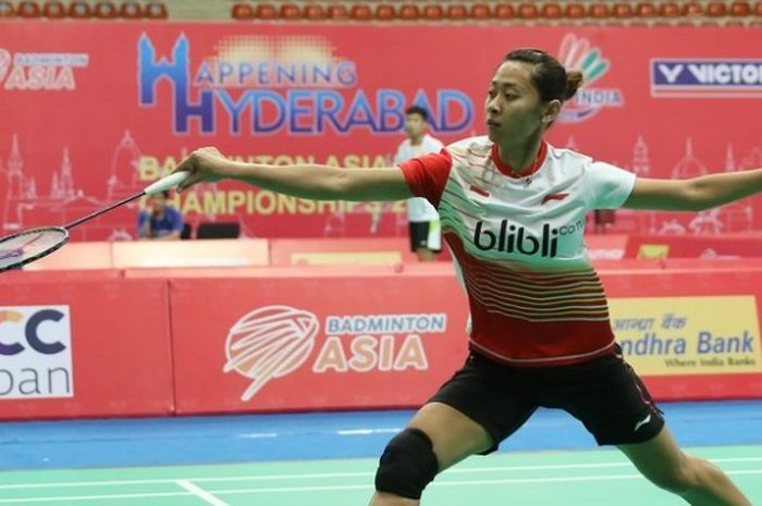 Tunggal putri Indonesia, Maria Febe Kusumastuti, ketika tampil pada partai pertama menghadapi Maladewa di Gachibowli Stadium, Hyderabad, India, Rabu (17/2/2016).