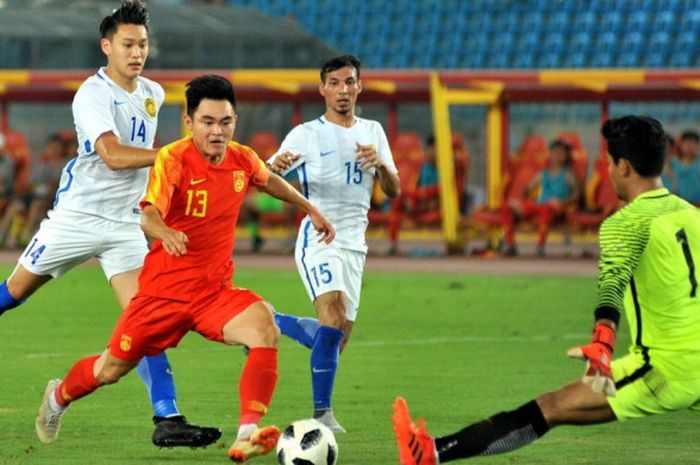 Timnas U-23 Malaysia menghadapi timnas U-23 Cina di Stadion Changzhou Olympic Sports Centre, Changzhou, China, Minggu (5/8/2018).