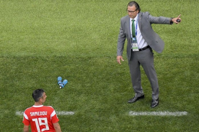 Ekspresi pelatih Arab Saudi, Juan Antonio Pizzi, dalam laga Grup A Piala Dunia 2018 kontra Rusia di Stadion Luzhniki, Moskow, Rusia pada 14 Juni 2018.