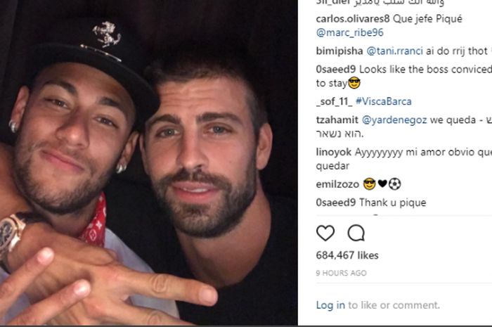 Gerard Pique mengunggah foto bersama Neymar di akun Instagramnya.