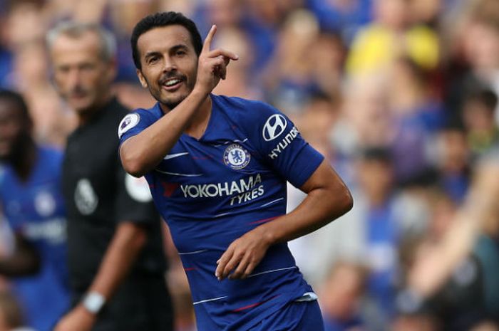 Ekspresi pemain Chelsea, Pedro, usai menjebol gawang Arsenal pada pertandingan pekan kedua Liga Inggris di Stadion Stamford Bridge, London, Inggris, Sabtu (18/8/2018) waktu setempat. 