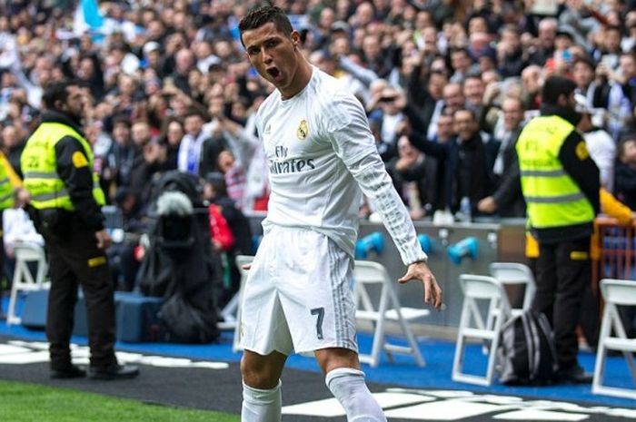 Aksi selebrasi penyerang Real Madrid, Cristiano Ronaldo, usai menjebol gawang Athletic Bilbao dalam partai La Liga, 13 Februari 2016.