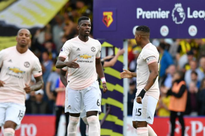 Gelandang Manchester United, Paul Pogba, dalam laga melawan Watford di Vicarage Road dalam lanjutan Liga Inggris, Sabtu (15/9/2018).