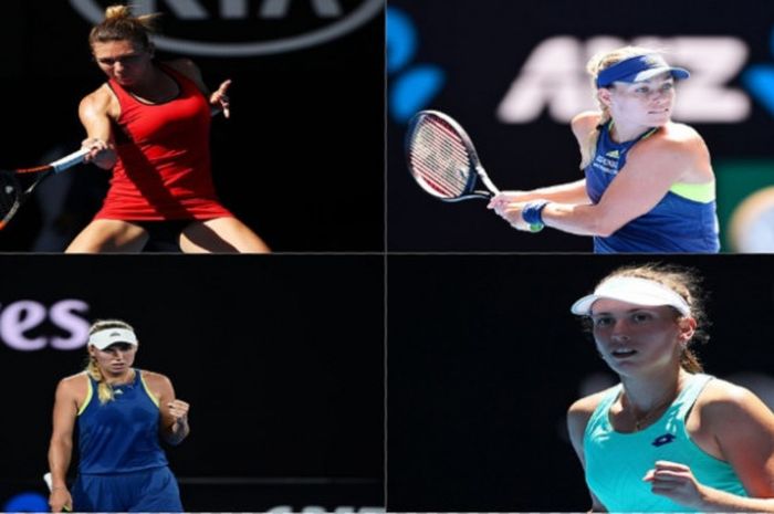 (searah jarum jam dari kiri atas) Simona Halep, Angelique Kerber, Elise Mertens, dan Caroline Wozniacki akan bermain pada babak semifinal Australian Open 2018 yang akan digelar Rabu (24/1/2018).