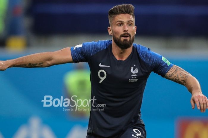 Ekspresi Olivier Giroud  saat  laga kontra Belgia, pada semifinal Piala Dunia 2018 di Saint-Petersburg Stadium, Selasa (10/7/2018) 