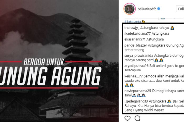 Balasan netizen di kolom komentar salah satu unggahan foto @baliunitedfc, terkait ucapan doa untuk Gunung Agung, Bali, yang dikabarkan dalam status Awas (level 4)