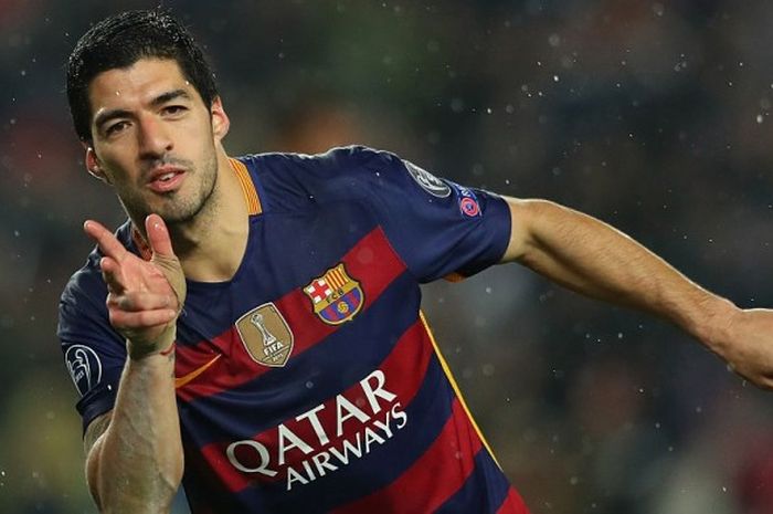 Luis Suarez, seusai membobol gawang Arsenal di babak 16 besar Liga Champions 2015-2016. 