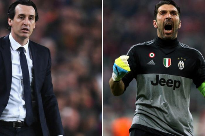 Ilustrasi foto mantan pelatih PSG, Unai Emery (kiri), dengan kiper Juventus, Gianluigi Buffon.