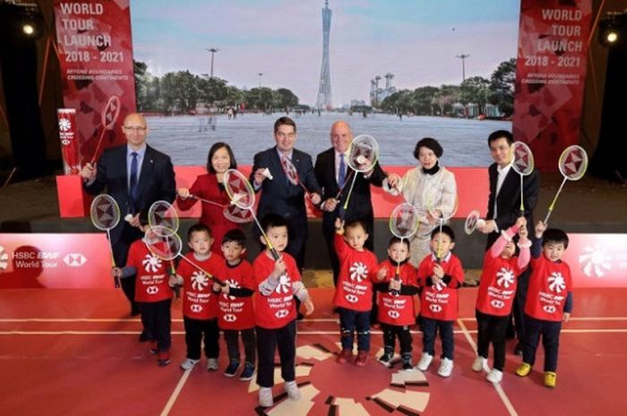 BWF berpose dalam acara peluncuran World Tour Finals di Guangzhou, China, Senin (8/1/2018).