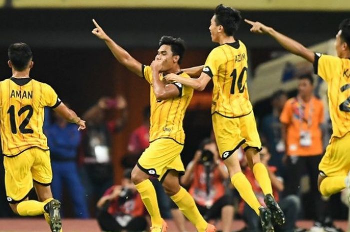 Pemain timnas U-22 Brunei Darussalam dalam laga kontra timnas U-22 Malaysia pada Senin (14/8/2017).