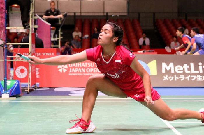 Pebulu tangkis tunggal putri Indonesia, Gregoria Mariska Tunjung, saat menjalani pertandingan melawan Pai Yu Po (Taiwan) pada laga kesatu babak kualifikasi turnamen Jepang Terbuka di Tokyo Metropolitan Gymnasium, Selasa (19/9/2017).