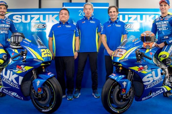 Tim Suzuki Ecstar melakukan launching tim MotoGP 2018 di Sirkuit Sepang, Malaysia, 27 Januari 2018.