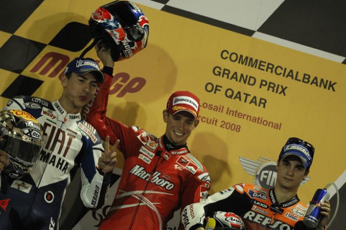 Jorge Lorenzo, Casey Stoner, dan Dani Pedrosa saat MotoGP Qatar 2008.