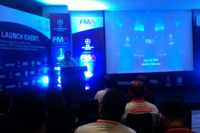 CEO Futbal Momentum Asia (FMA), David Khim, dalam acara launching sebagai pemegang hak eksklusif Liga Champions untuk 3 musim ke depan di Ruang Medan 1, Westin Hotel, Jakarta, pada Rabu (18/4/2018).