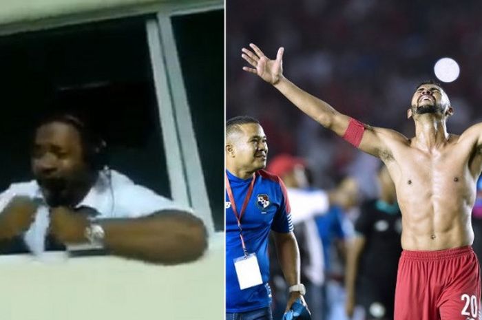 Pemain timnas Panama, Anibal Godoy (kanan) berselebrasi mengangkat kedua tangannya karena sukses maju ke Piala Dunia untuk pertama kalinya usai membungkam Kosta Rika 2-1 pada Rabu (11/10/2017). Sementara itu komentator pertandingan tersebut, Roberto Rivera, meluapkan kegembiraannya melihat gol kedua timnas Panama.