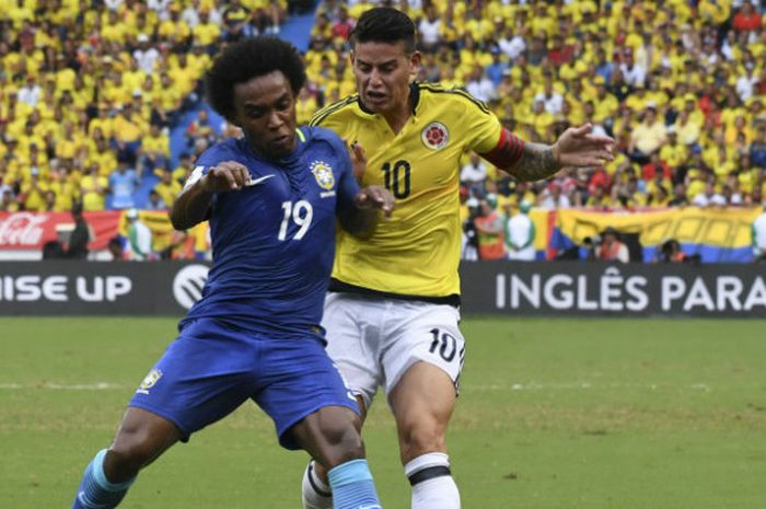 Aksi pemain Brasil, Willian, dalam laga kontra Kolombia pada Selasa (6/9/2017)