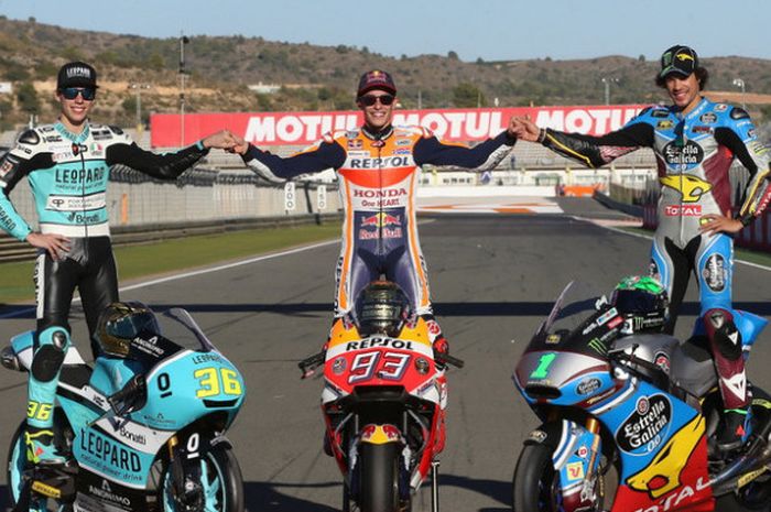 Joan Mir (juara dunia Moto3 2017), Marc Marquez (juara dunia MotoGP 2017), dan Franco Morbidelli (ju