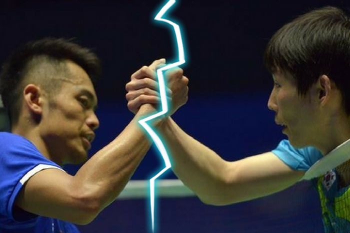 Lin Dan (kiri) dan Son Wan-ho (kanan) saat saling berhadapan di Turnamen Malaysia Terbuka 2017 