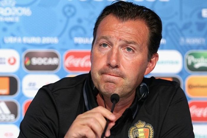 Pelatih tim nasional Belgia, Marc Wilmots, dalam konferensi pers jelang pertandingan babak 16 besar Piala Eropa 2016 menghadapi Hungaria di StadionMunicipal, Toulouse, Prancis, pada 25 Juni 2016.