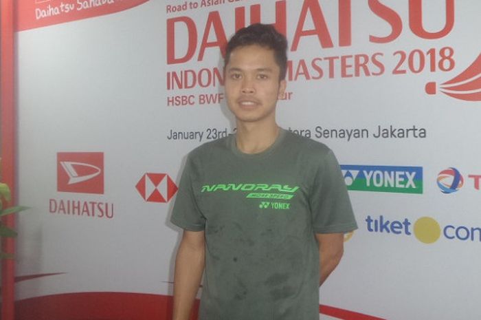 Pebulu tangkis tunggal putra nasional, Anthony Sinisuka Ginting, menghadiri sesi konferensi pers Indonesia Masters 2018, di Istora Senayan, Jakarta, Jumat (26/1/2018).