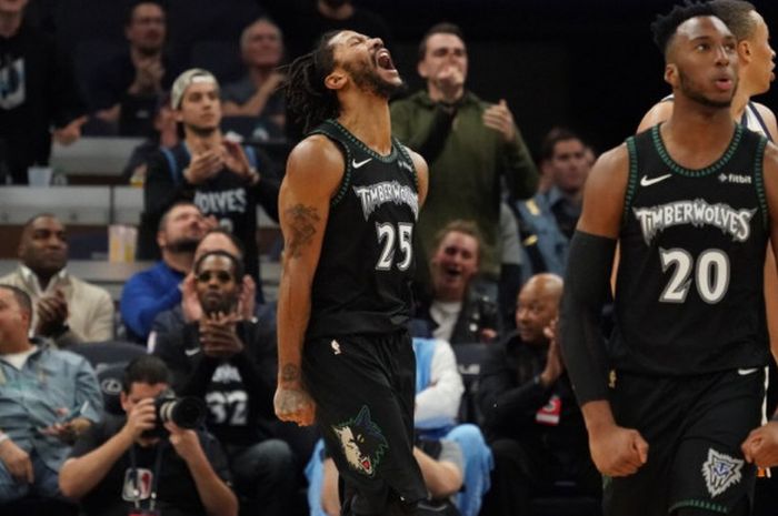 Reaksi Derrick Rose (#25) saat tampil memperkuat Minnesota Timberwolves dalam laga lanjutan NBA 2018/19 yang berlangsung Rabu (31/10/2018) petang waktu Amerika Serikat.