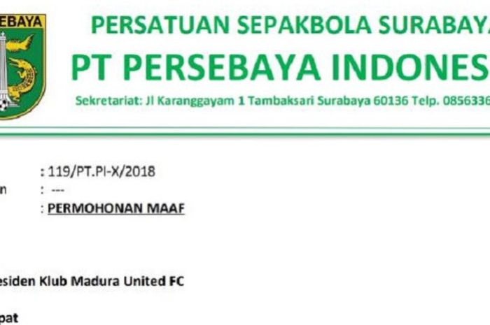 Surat permohonan maaf dari panpel Persebaya Surabaya kepada Madura United terkait salah penulisan nama dalam tiket.
