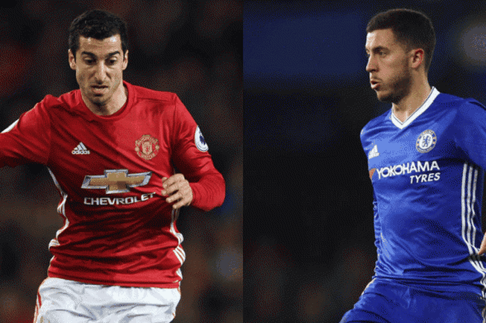 Gelandang Manchester United, Henrikh Mkhitaryan (kiri), dan penyerang sayap Chelsea, Eden Hazard, bakal beradu cerdik dalam partai lanjutan Liga Inggris di Old Trafford, Manchester, 16 April 2017. 