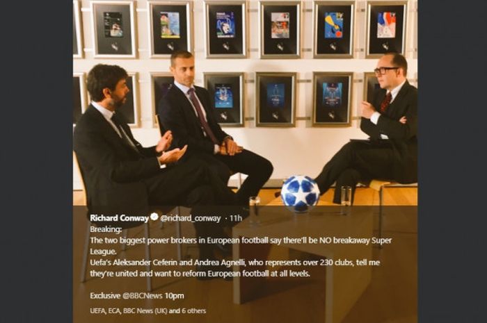 Presiden UEFA Aleksander Ceferin (tengah) bersama Presiden Juventus dan Chairman ECA, Andrea Agnelli (kiri), dalam perbincangan membahas soal rumor Liga Super Eropa, 19 November 2018.