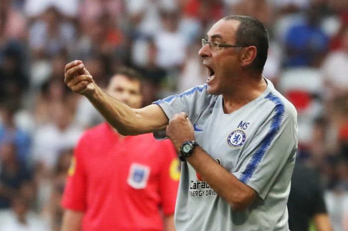 Ekspresi pelatih Chelsea, Maurizio Sarri, dalam laga International Champions Cup kontra Inter Milan di Stadion Allianz Riviera, Nice, Prancis pada 28 Juli 2018.