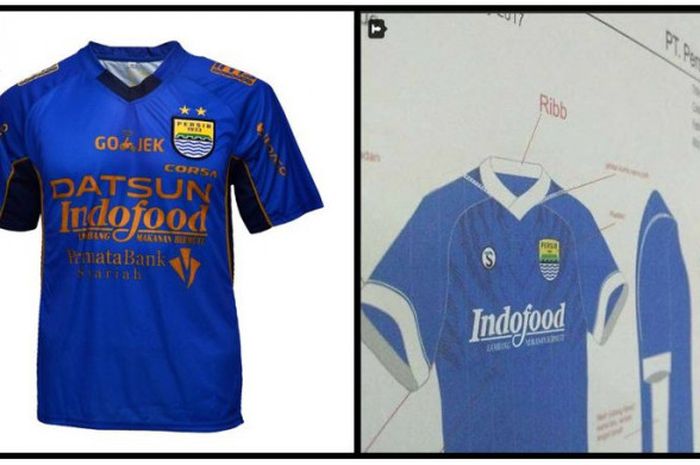  Jersey Persib Bandung musim 2017 (kiri) dan desain jersey Persib Bandung 2018 yang bocor di media sosial (kanan) 