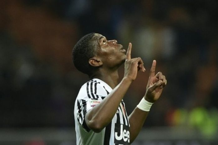 Aksi selebrasi gelandang Juventus, Paul Pogba, usai mencetak gol penentu kemenangan timnya di kandang AC Milan, 9 April 2016.